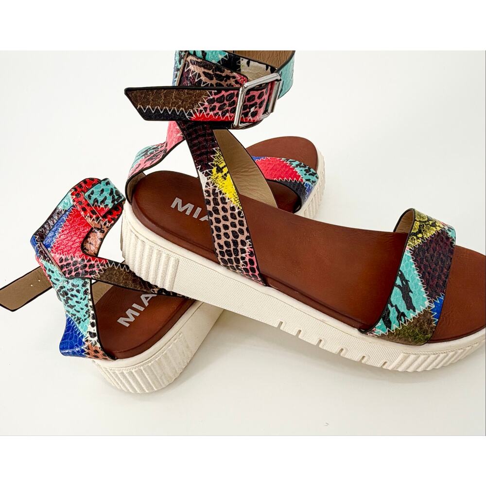 MIA Patchwork Print Platform Sandals Chunky Comfort Festival Size 8 - Picture 3 of 8